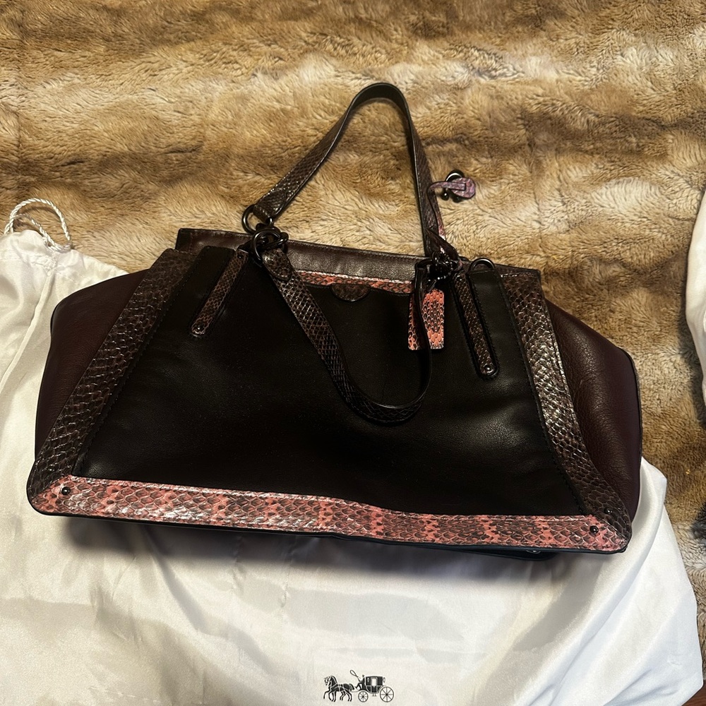 Coach Black and Pink Leather Satchel with Snakeskin Trim